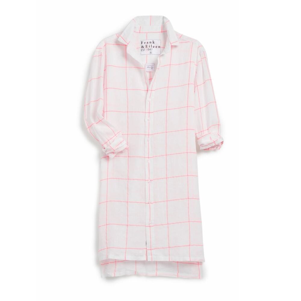Frank & Eileen Hunter Classic Linen Shirtdress In‎ Neon Pink Windowpane Size XS